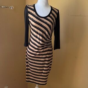 Elegant Black and Tan Striped Long Sleeve Dress